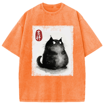 Auspicious Fluffy Black Cat Washed T-Shirt