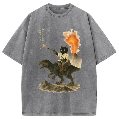 Cat Riding A Dinosaur Washed T-Shirt