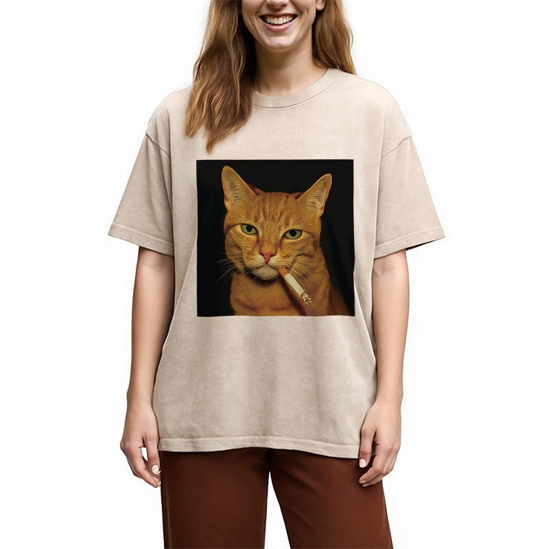 Funny Orange Cat Smoking Meme Washed T-Shirt