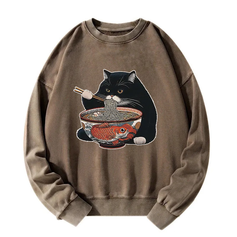 Fat Cat Eating Ramen Washed Sweatshirt