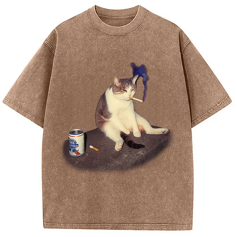 Custom Cat Smoking Meme Washed T-Shirt