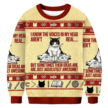 Baddiecat I Know The Voices In My Head Aren't Real Cat Christmas Ugly Sweatshirt