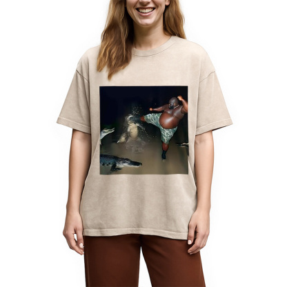 Man Kick Alligator In Swamp Funny Washed T-Shirt