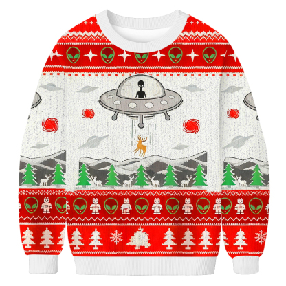 Baddiecat UFO Abducting Reindeer Christmas Ugly Sweatshirt