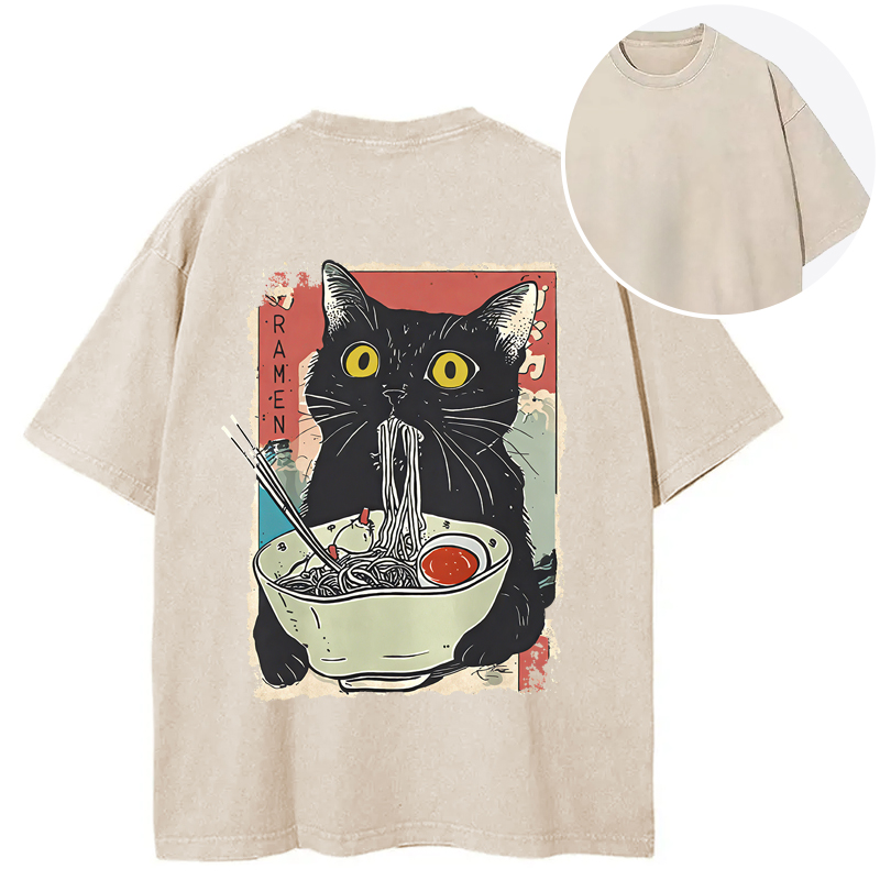 Cute Cat Eating Ramen Back Washed T-Shirt