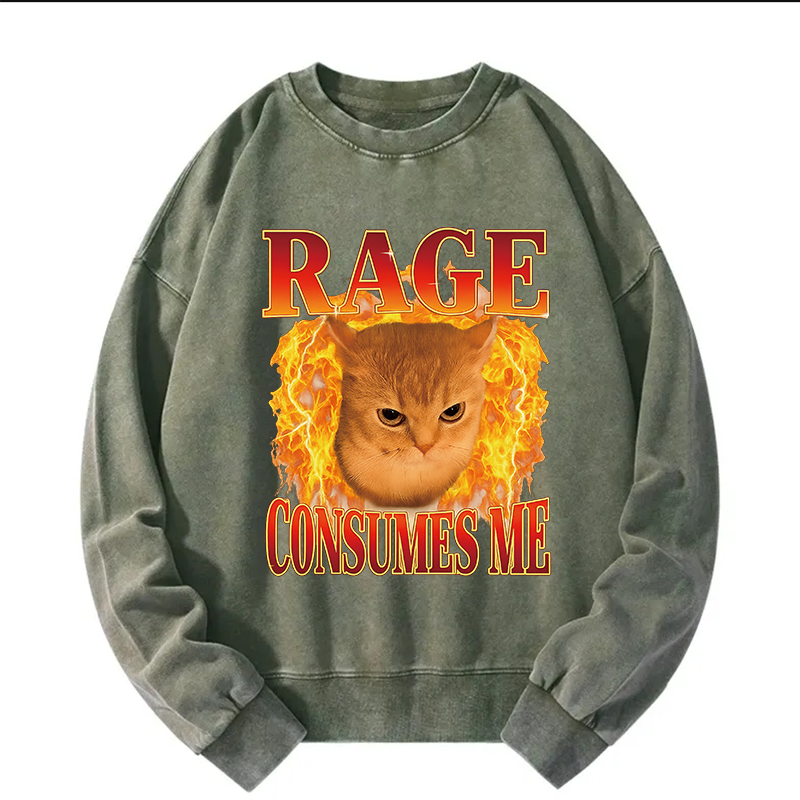 Rage Consumes Me Edgy Funny Cat Meme Washed Sweatshirt