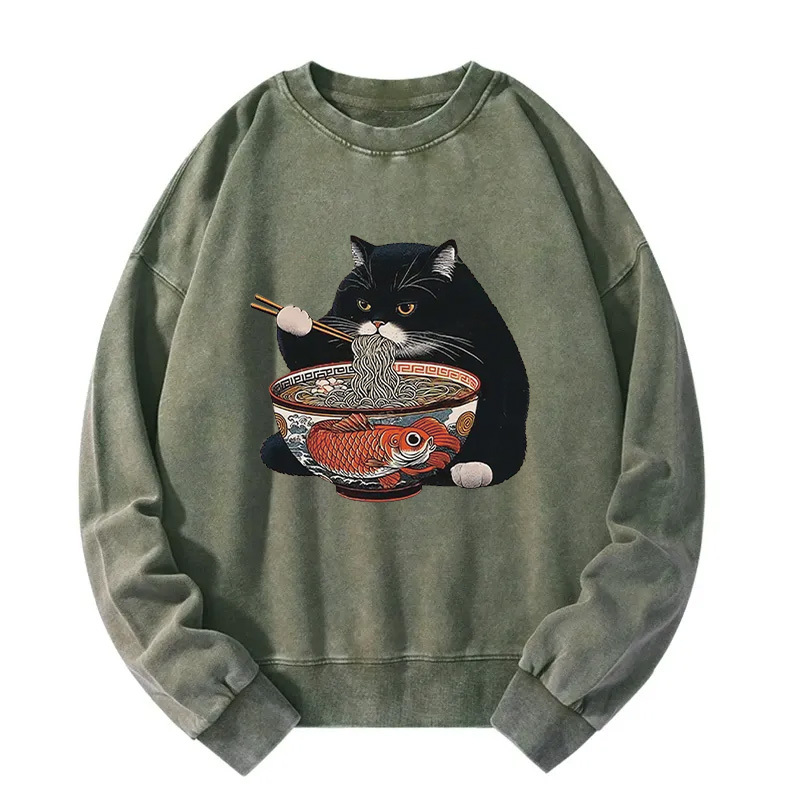 Fat Cat Eating Ramen Washed Sweatshirt