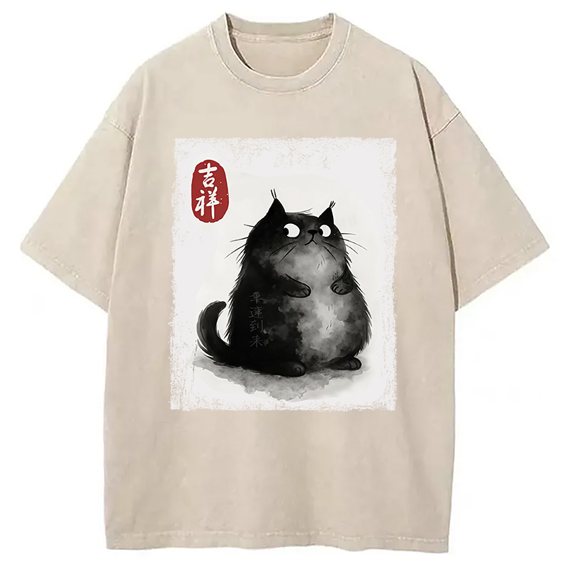 Auspicious Fluffy Black Cat Washed T-Shirt