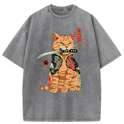 Tokyoviva Samurai Cat Washed T-shirt