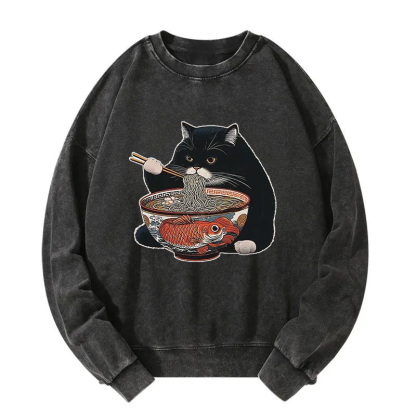 Fat Cat Eating Ramen Washed Sweatshirt