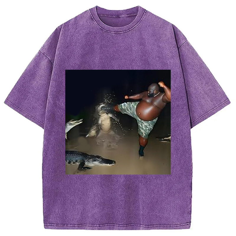 Man Kick Alligator In Swamp Funny Washed T-Shirt