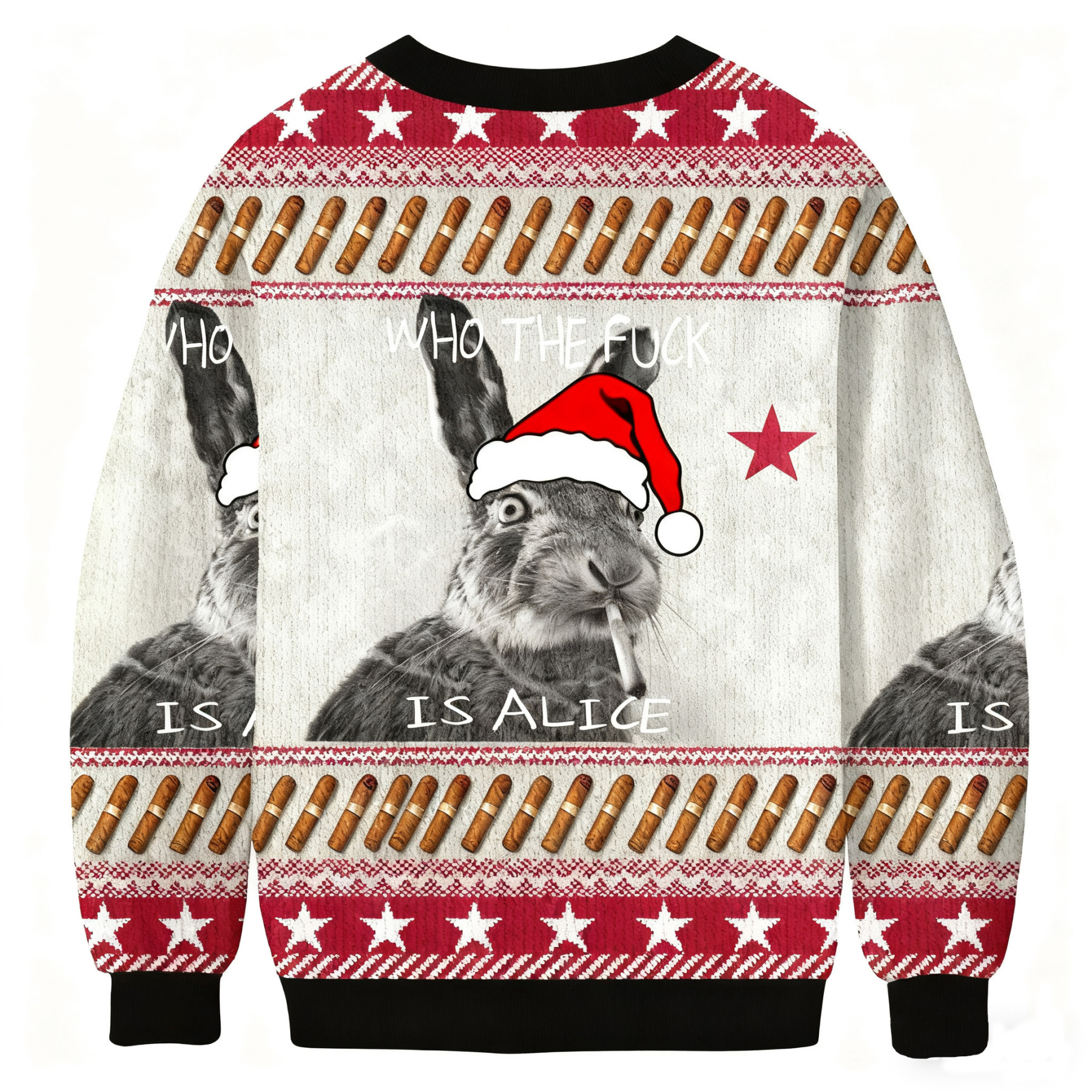 Who The Fuck Is Alice Funny Smoking Rabbit Meme Christmas Ugly Sweatshirt