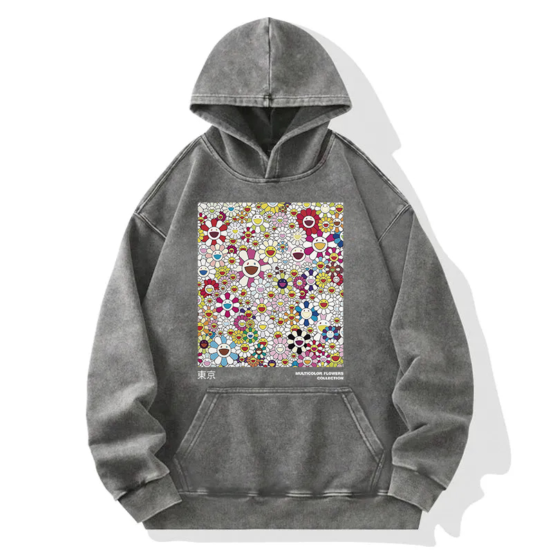 Colorful Flowers Japanese Art Washed Hoodie