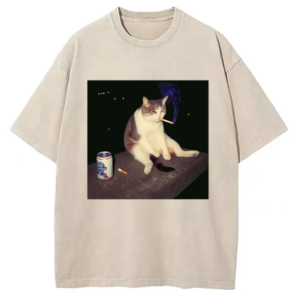 Cigarette Kitten Funny Smoking Cat Meme Washed T-Shirt