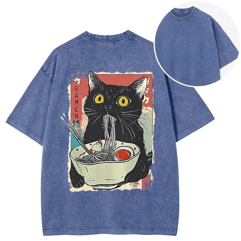 Cute Cat Eating Ramen Back Washed T-Shirt