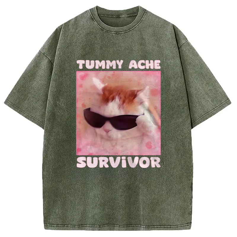 Tummy Ache Survivor Funny Cat Meme Washed T-Shirt