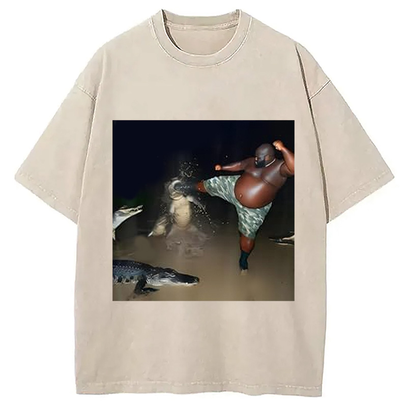 Man Kick Alligator In Swamp Funny Washed T-Shirt