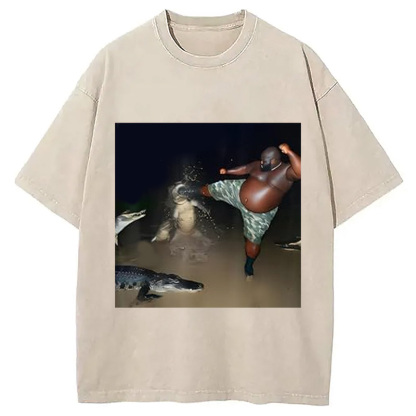 Man Kick Alligator In Swamp Funny Washed T-Shirt