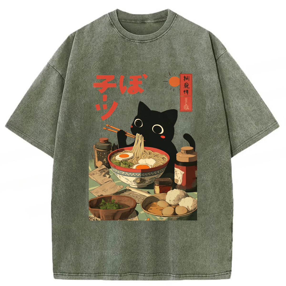 Tokyoviva Japanese Black Cat Ramen Washed T-shirt