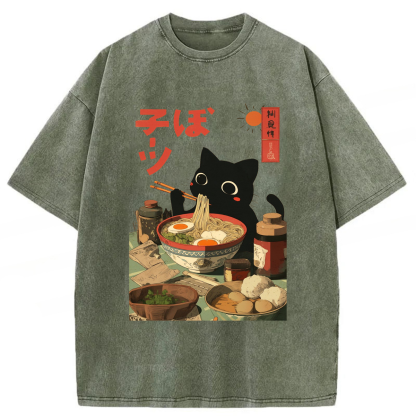 Tokyoviva Japanese Black Cat Ramen Washed T-shirt