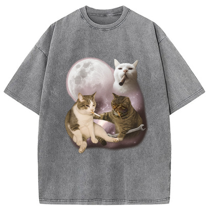 Three Cat Smoking Retro Washed T-Shirt