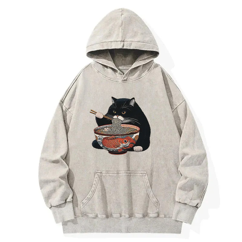 Fat Cat Eating Ramen Washed Hoodie