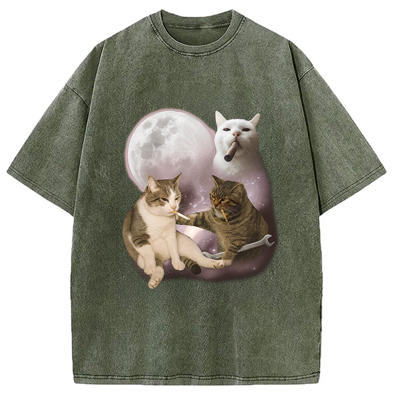 Three Cat Smoking Retro Washed T-Shirt