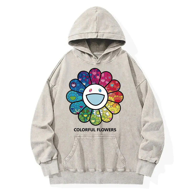 Smiling Flower Japanese Art Washed Hoodie