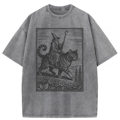 Tokyoviva Funny Wizard Cat Rider Washed T-shirt
