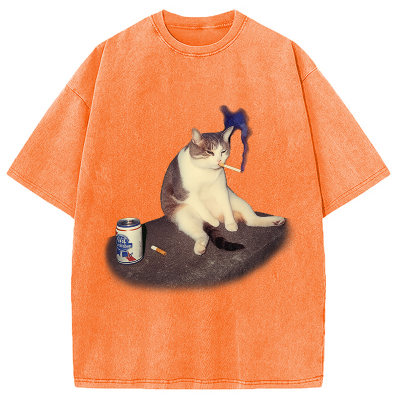 Custom Cat Smoking Meme Washed T-Shirt