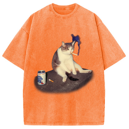 Custom Cat Smoking Meme Washed T-Shirt