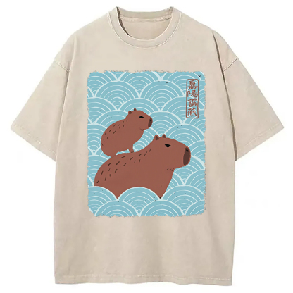 Kawaii Capybara Ukiyo-e Washed T-Shirt