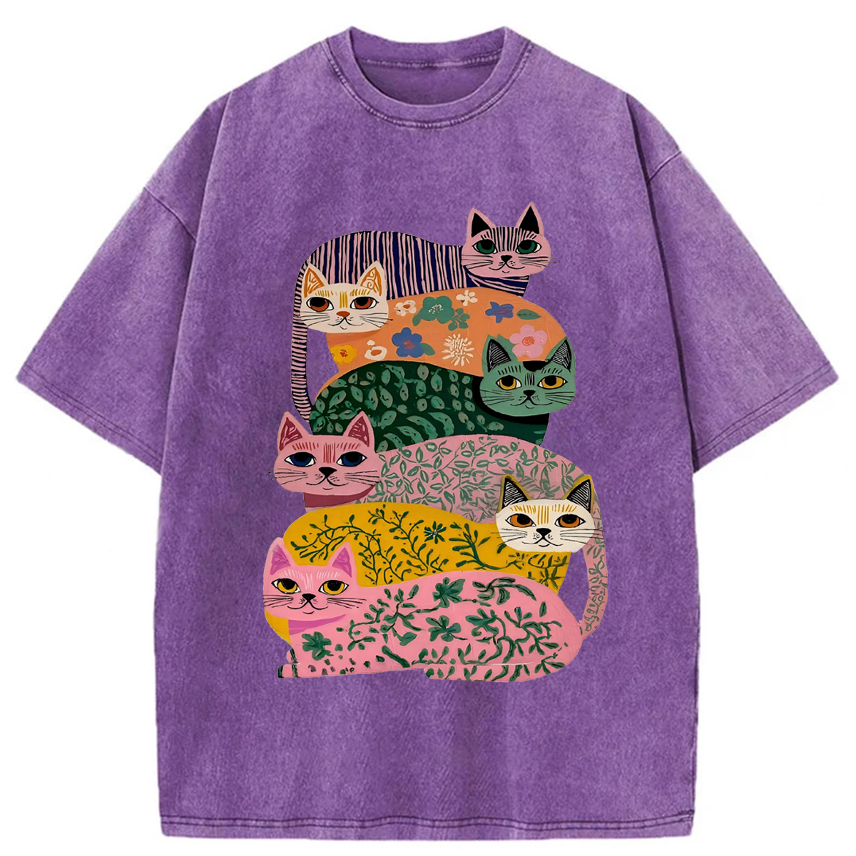 Tokyoviva Whimsical Floral Cats Washed T-shirt