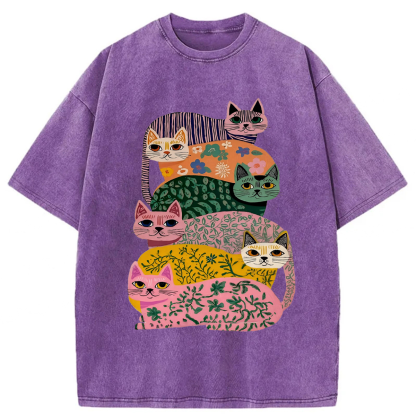 Tokyoviva Whimsical Floral Cats Washed T-shirt
