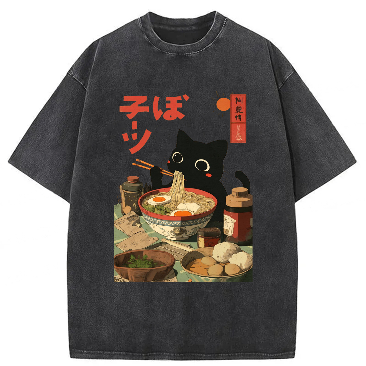 Tokyoviva Japanese Black Cat Ramen Washed T-shirt