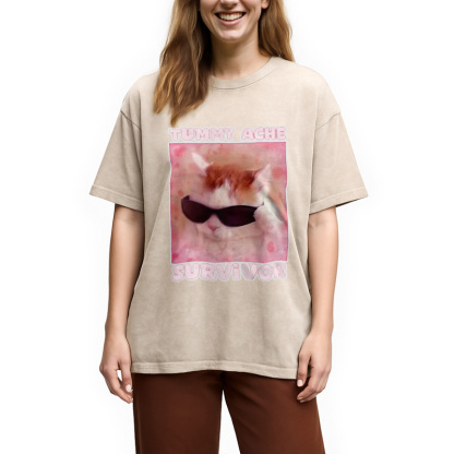 Tummy Ache Survivor Funny Cat Meme Washed T-Shirt