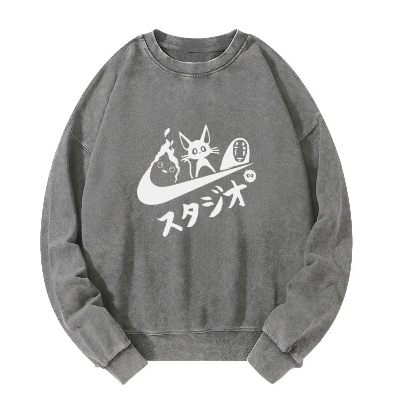 Black Cat Ghibli Vintage Washed Sweatshirt