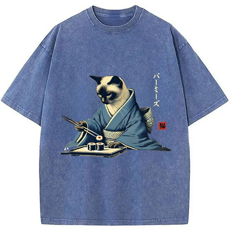Cat In Kimono Eating Sushi Washed T-Shirt