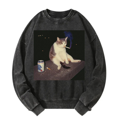 Cigarette Kitten Funny Smoking Cat Meme Washed Sweatshirt