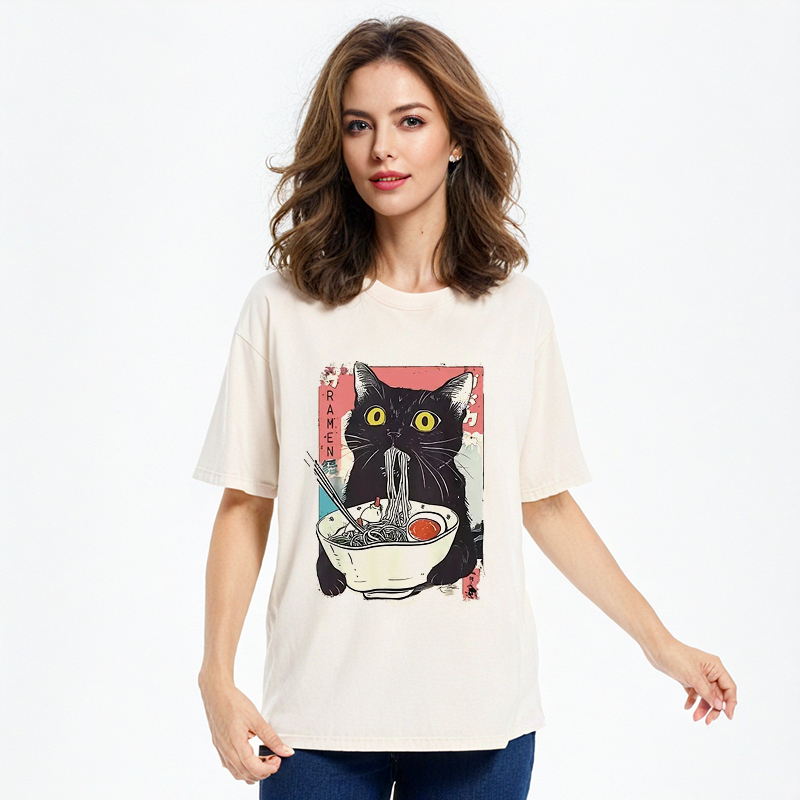 Cute Cat Eating Ramen Washed T-Shirt