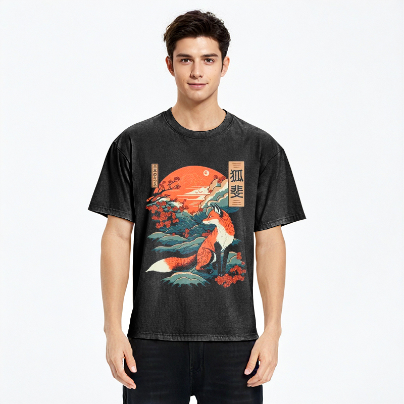 Japanese Kitsune Fox Sakura Washed T-Shirt