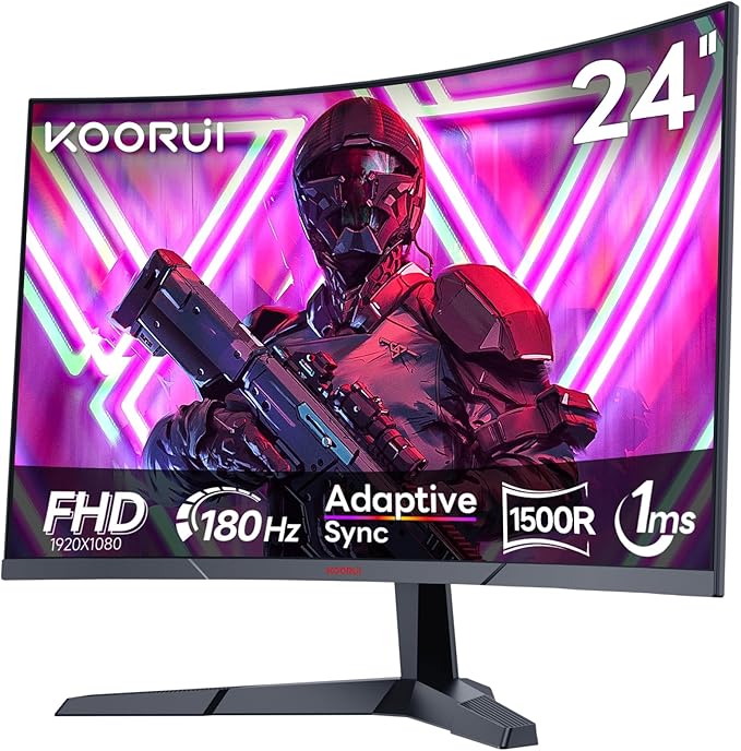 KOORUI 24" Curved Gaming Monitor FHD 1080P 180Hz,1ms, 1500R Krümmung Ultradünnes Design, HDMI/DP, 100x100mm VESA-Montage, Neigungsverstellbarer Bildschirm