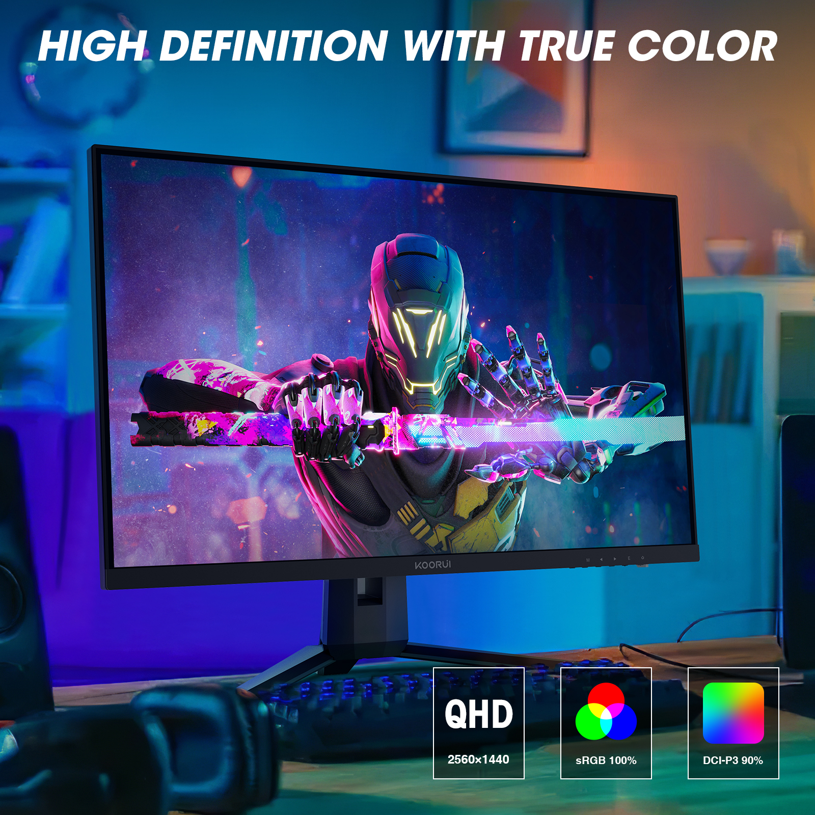 KOORUI 27 inch 144Hz 1ms 2K QHD(2560x1440) Gaming Monitor, DCI-P3 90% Color Gamut, FreeSync(G-Sync Compatible) HDMI/DisplayPort VA Panel Camputer Monitor-Koorui
