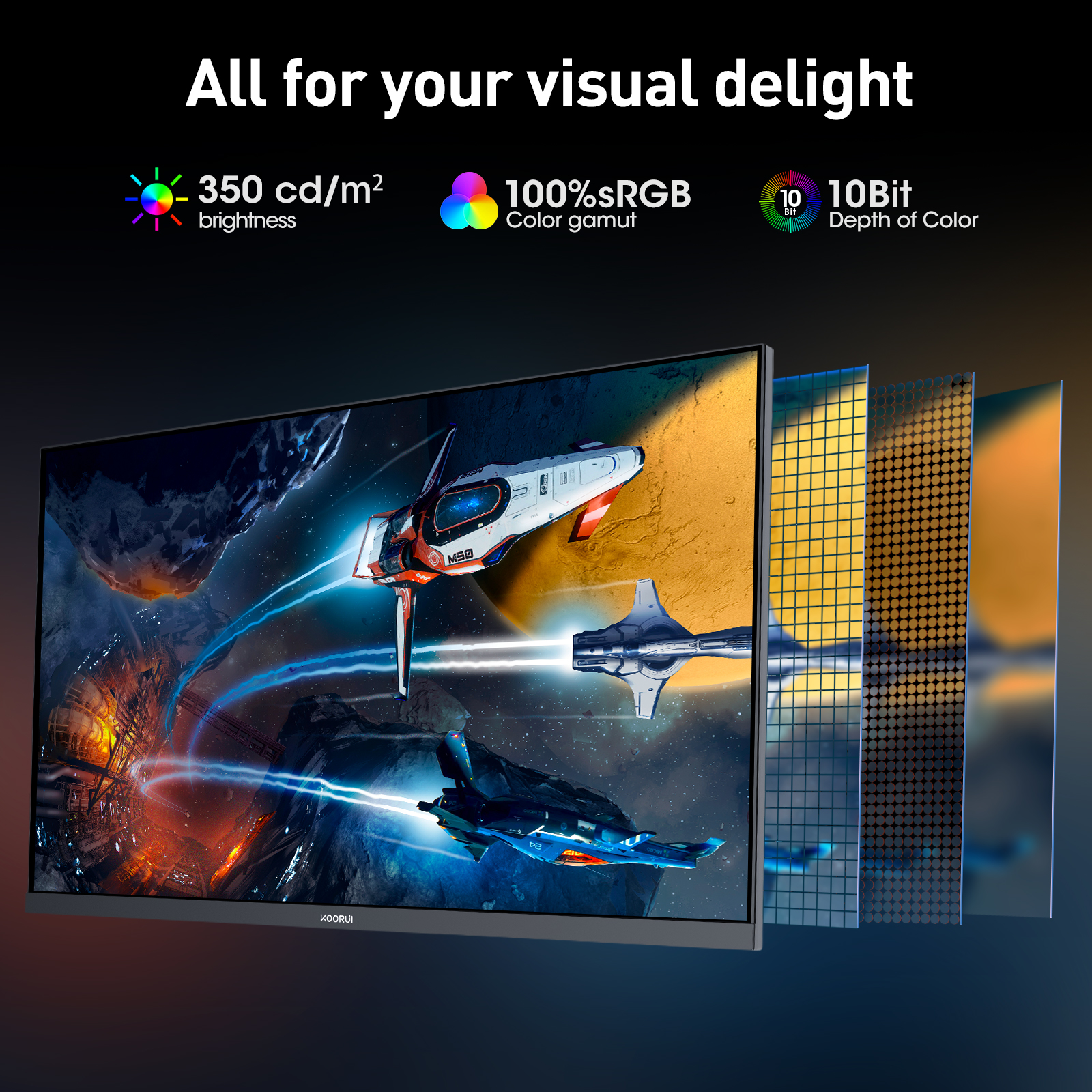 KOORUI G2741L Gaming Monitor 27 Zoll, Dual-Modus 4K UHD 3840x2160 at 160Hz und FHD at 320Hz PC Bildschirm, Fast IPS 1ms HDR 400, 2xHDMI 2.1&DP1.4