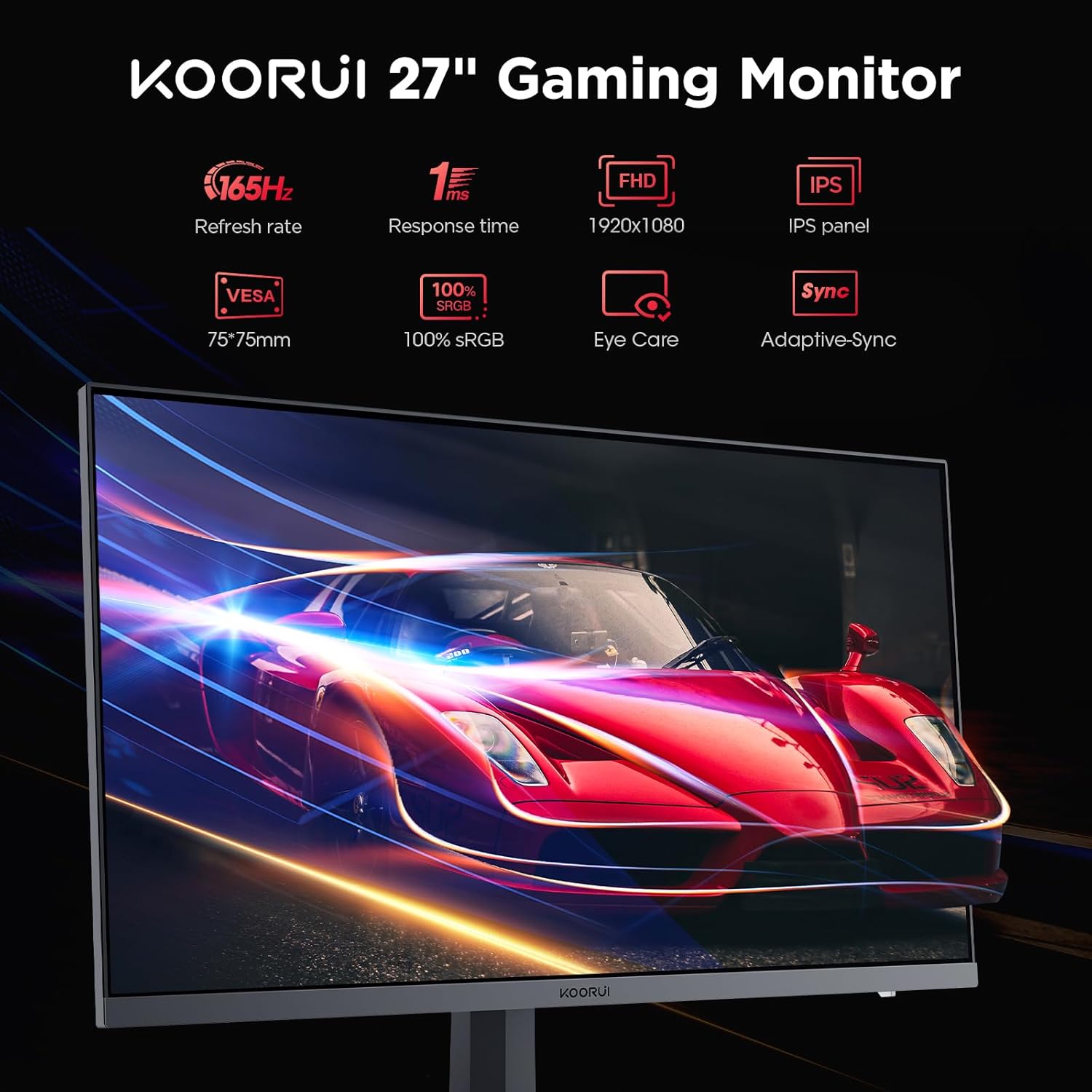 KOORUI Gaming Monitor 27 Inches, 165Hz, FHD (1920 x 1080), IPS, 1ms GTG, Adaptive Sync, 75 x 75 mm VESA Compatible, DCI-P3 90% (HDMI, DisplayPort) Black