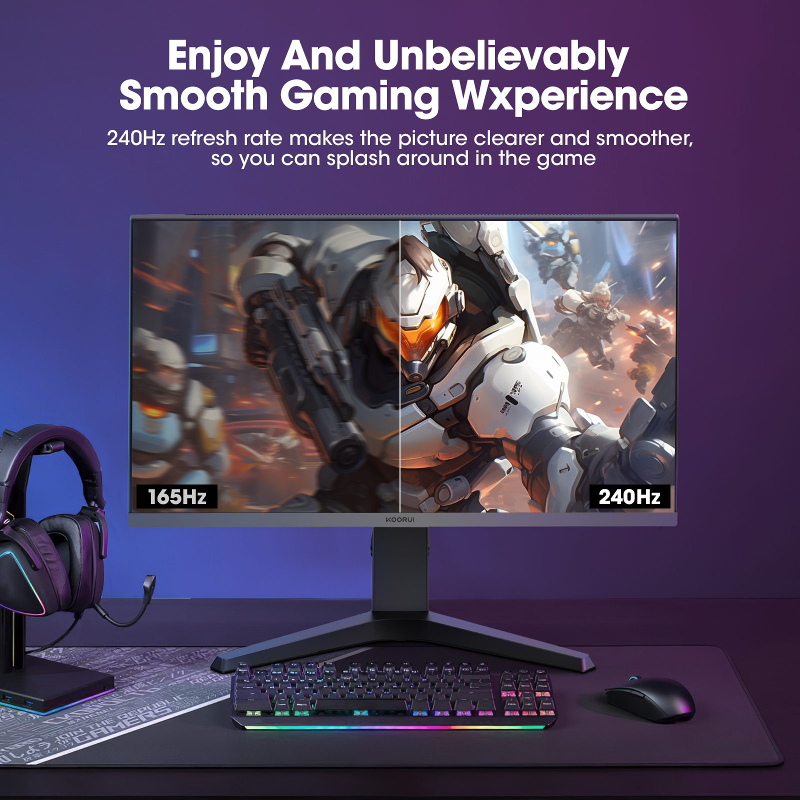 KOORUI 27 inch Gaming Monitor - WQHD (2560x1440) Computer Monitor, 240Hz, 1ms, AdaptiveSync Technology, HDR400, HDMI DisplayPort 2K Monitor, VESA Mountable, Tilt Adjustable, Eye Care, Black 27E3QK