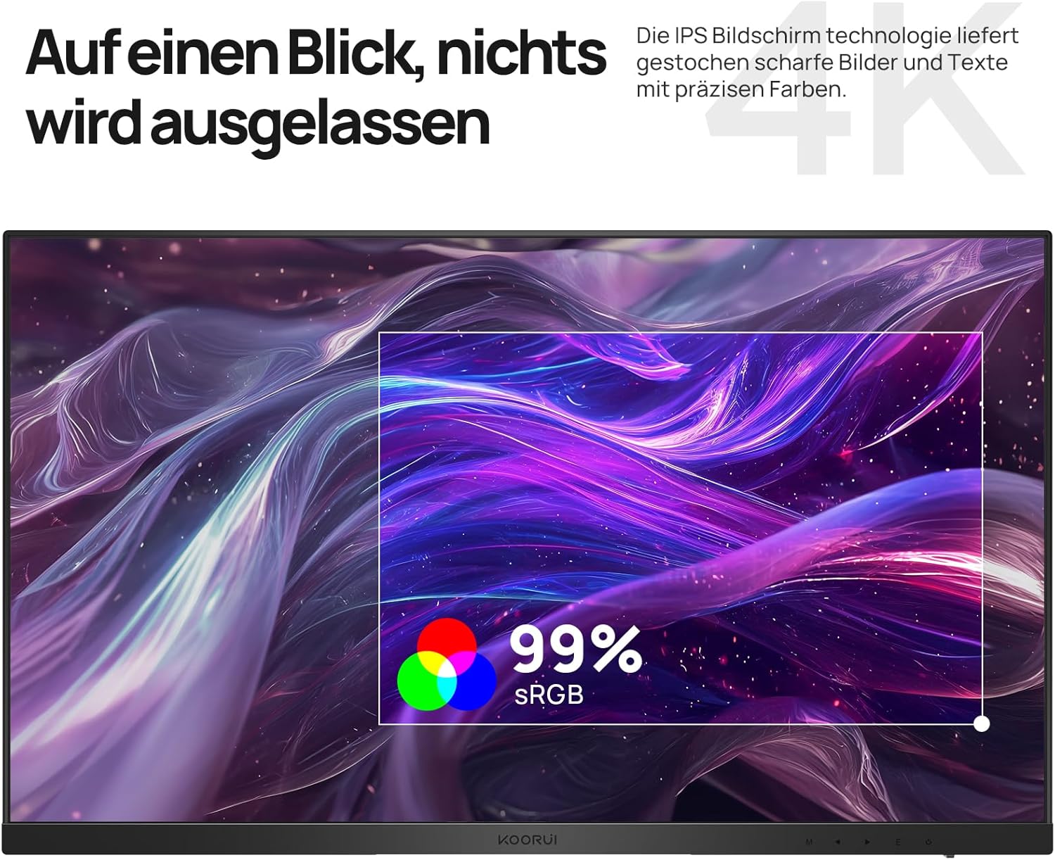 KOORUI Monitor 27 Zoll, 4K PC Bildschirm UHD(3840x2160), IPS, 4ms, 60Hz, 2X HDMI 2.0 & DisplayPort 1.4, Adpitive Sync, HDR10, VESA 100x100mm, 90% DCI-P3, Eye Care, N07