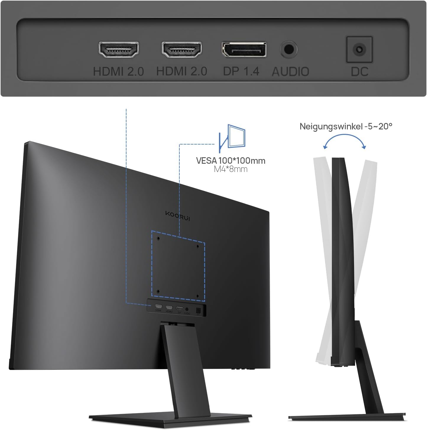 KOORUI Monitor 27 Zoll, 4K PC Bildschirm UHD(3840x2160), IPS, 4ms, 60Hz, 2X HDMI 2.0 & DisplayPort 1.4, Adpitive Sync, HDR10, VESA 100x100mm, 90% DCI-P3, Eye Care, N07