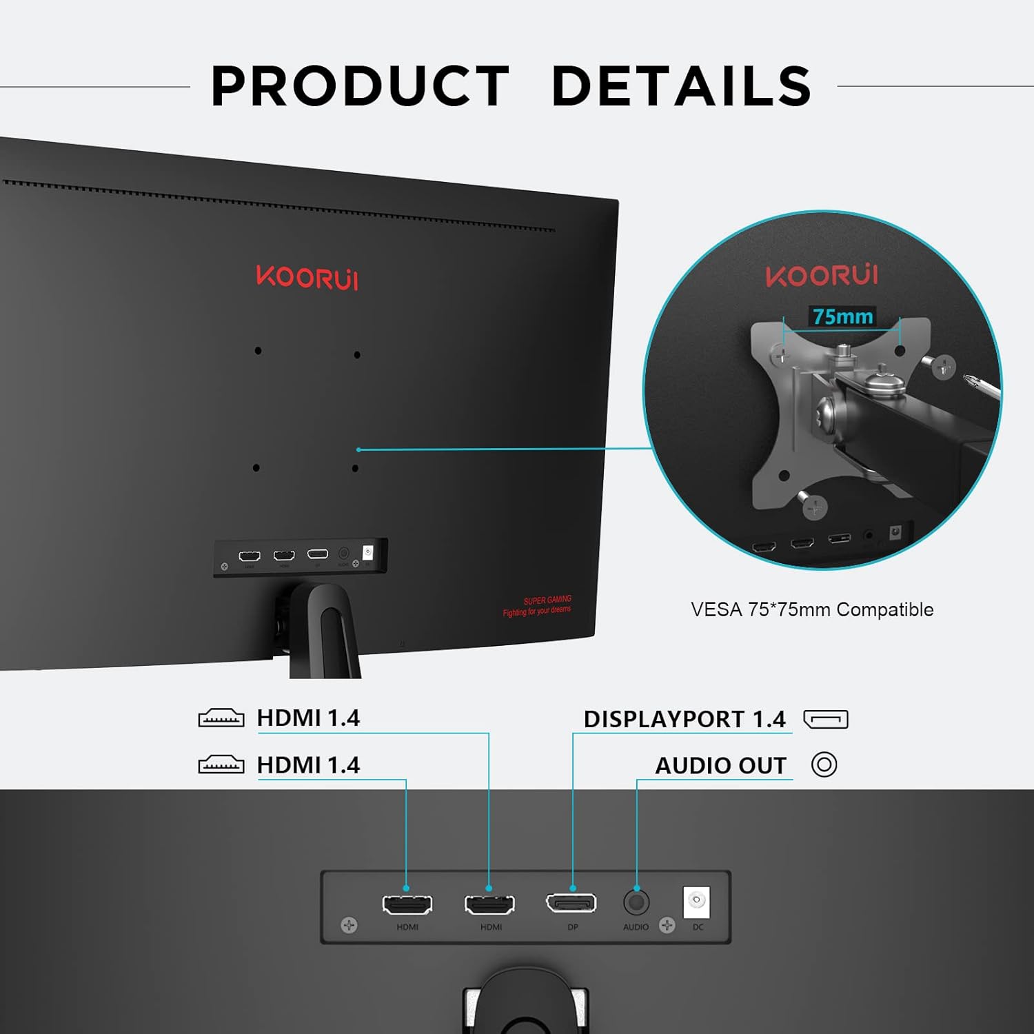 KOORUI Monitor 24 Zoll, Full-HD Gaming Monitor PC Bildschirm VA 1ms 165Hz, DCI-P3 85%, AdaptiveSync Technologie, 2 x HDMI, DisplayPort, Einstellbare Neigung, Schwarz