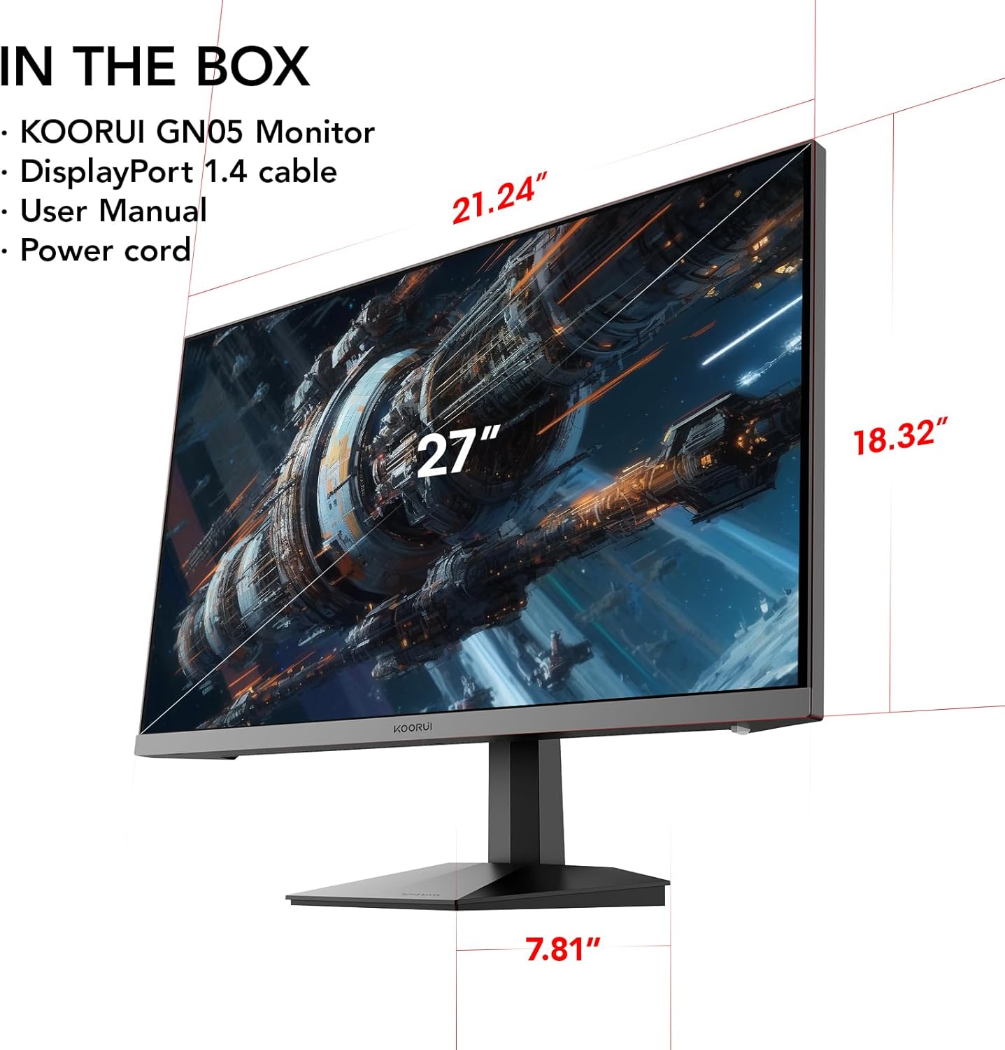 KOORUI 27 Inch Gaming Monitor, 2K QHD (2560 x 1440), 240 Hz, 1ms, Adaptive Sync, HDMI, DisplayPort, DCI-P3 90%, HDR10, 100% SRGB, VESA 75 x 75 mm, Black